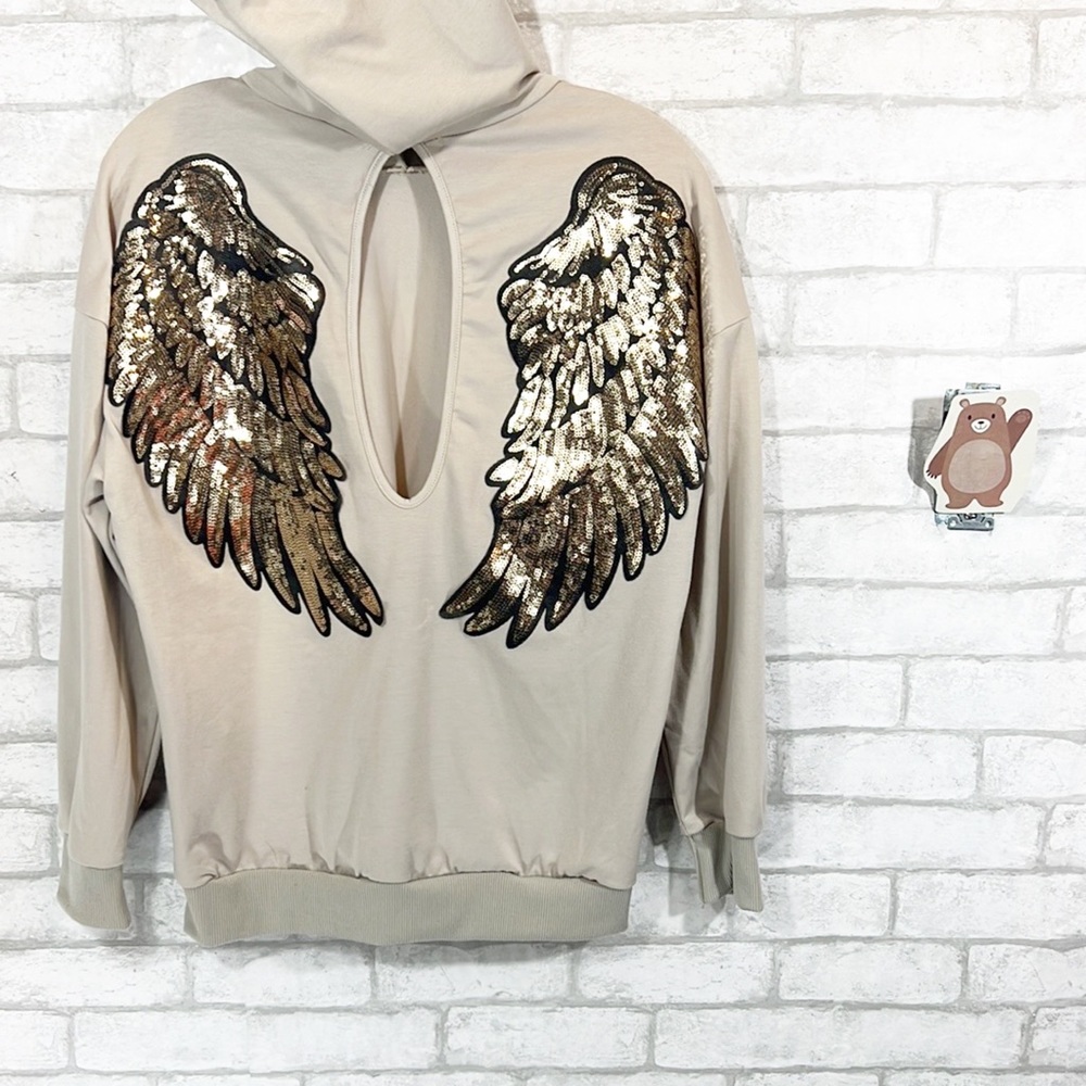 Chic me sequin wings pattern cutout hooded top size small